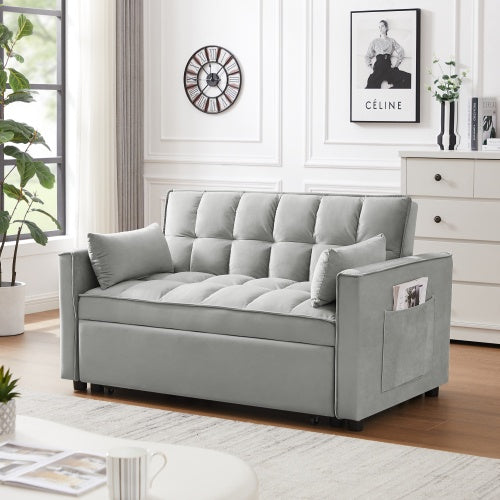 Modern Velvet Loveseat Futon Sofa Couch W Pullout Bed,Small Love Seat Lounge Sofa W Reclining Backrest,Toss Pillows, Pockets,Furniture For Living Room,3 In 1 Convertible Sleeper Sofa Bed, Creamy White