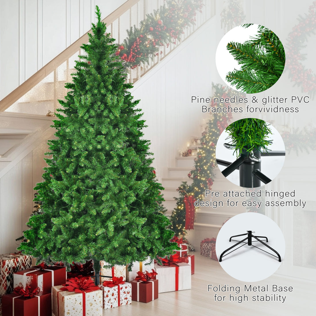 8ft, 6ft, 4ft Pre-Lit Green Pine Artificial Christmas Tree, 3 Articulated Christmas Trees With 820 Warm Yellow LED Lights & 2539 Branch Tips For Festive Decoration For Home, Office & Party