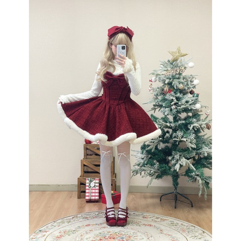 Christmas New Year Red Battle Robe Bow Cape Coat Knitted Top