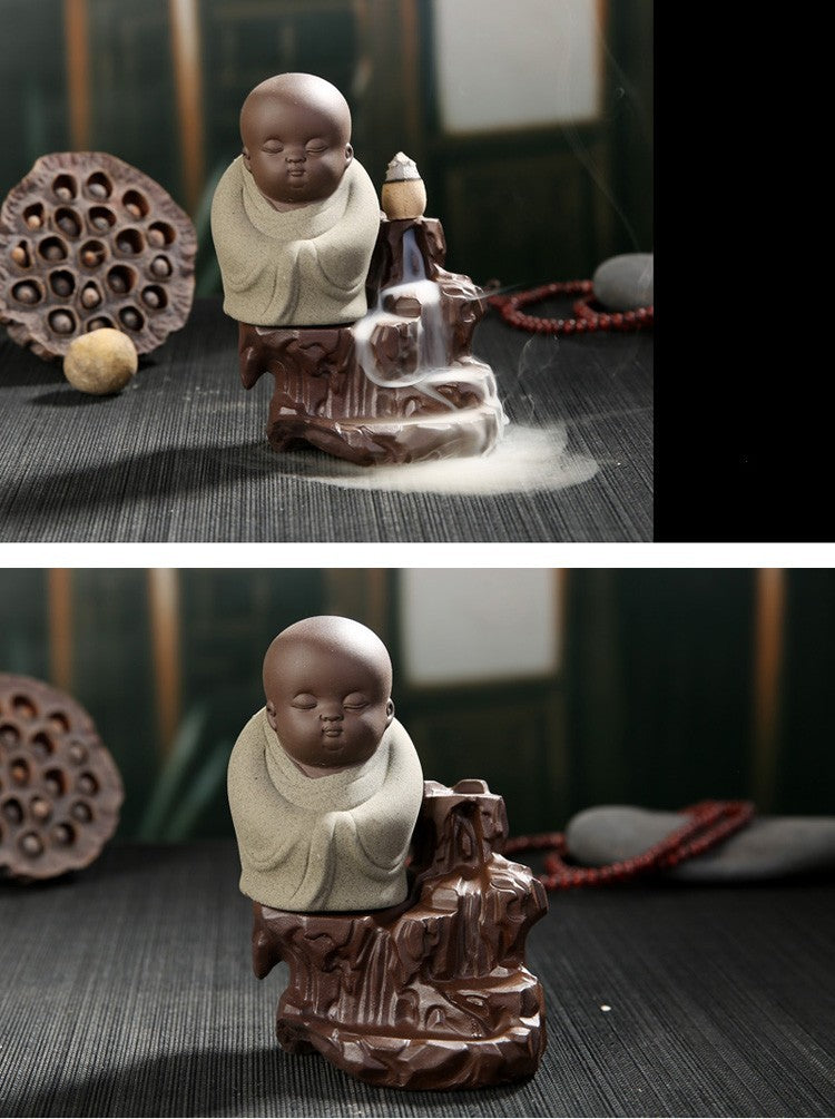 Reverse Flow Incense Burner Creative Purple Sand Little Monk Inserted Incense Line Smoke Furnace Ceramic Path Home Office Tea Pet Decoration