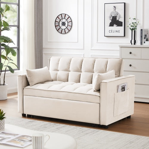 Modern Velvet Loveseat Futon Sofa Couch W Pullout Bed,Small Love Seat Lounge Sofa W Reclining Backrest,Toss Pillows, Pockets,Furniture For Living Room,3 In 1 Convertible Sleeper Sofa Bed, Creamy White