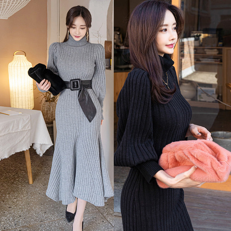 Korean-style Slim-fit Dress With Belt