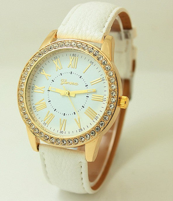 Women's Leather Band Geneva Roman Numerals Rhinestone Quartz Wrist Watch