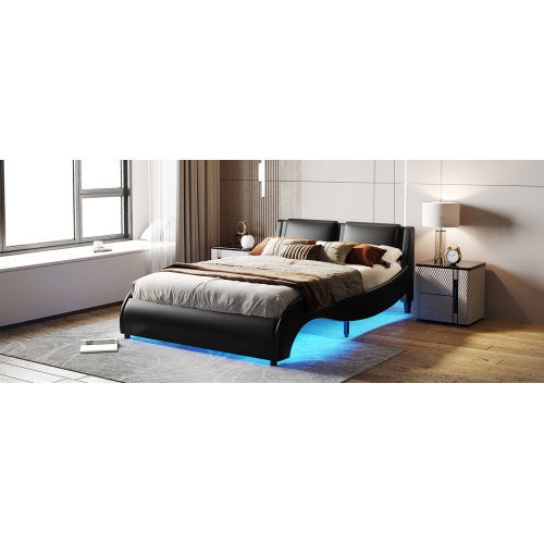 Queen Size Upholstered Faux Leather Platform Bed With LED Light Bed Frame With Slatted - Black