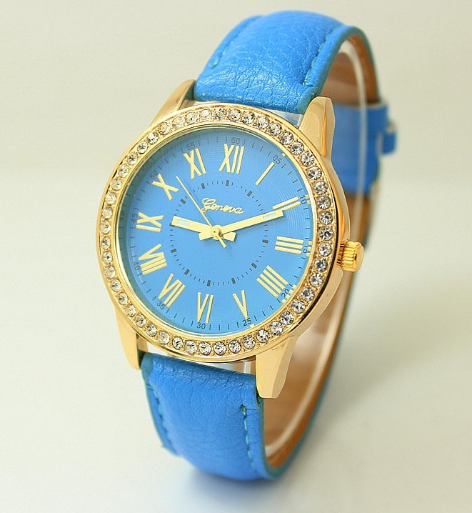 Women's Leather Band Geneva Roman Numerals Rhinestone Quartz Wrist Watch