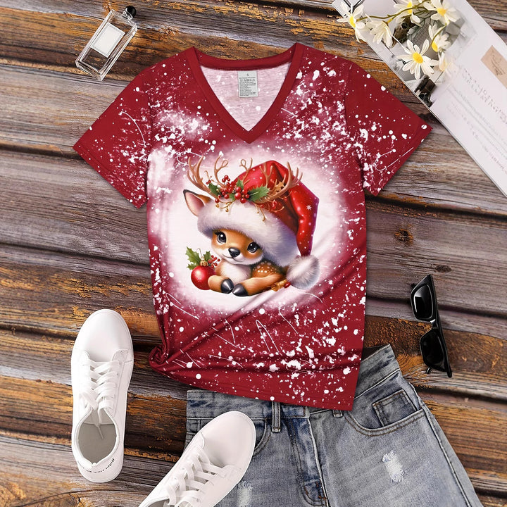 Christmas Cartoon Animal Reindeer Christmas Hat Printed Top