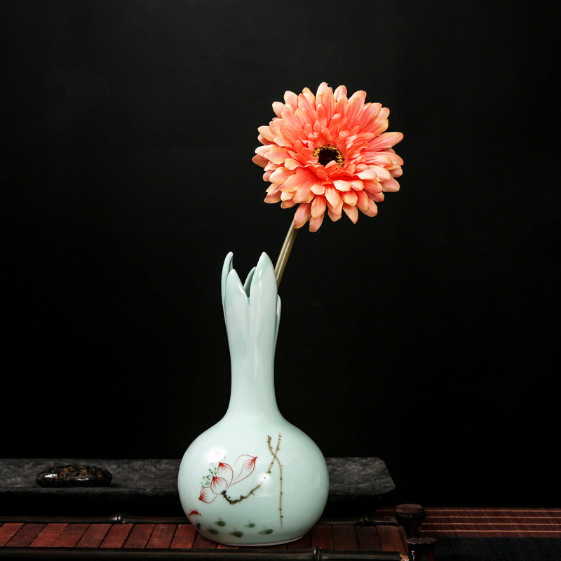 Non-porous Longquan Celadon Creative Hand-painted Small Vase Copper Coin Grass Hydroponic Flower Pot Flower Personalized Home Decoration