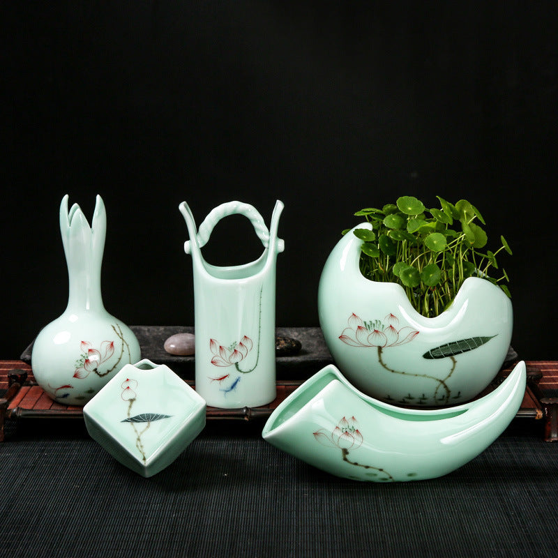 Non-porous Longquan Celadon Creative Hand-painted Small Vase Copper Coin Grass Hydroponic Flower Pot Flower Personalized Home Decoration