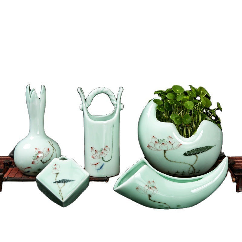 Non-porous Longquan Celadon Creative Hand-painted Small Vase Copper Coin Grass Hydroponic Flower Pot Flower Personalized Home Decoration