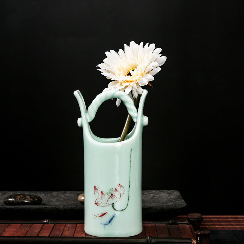 Non-porous Longquan Celadon Creative Hand-painted Small Vase Copper Coin Grass Hydroponic Flower Pot Flower Personalized Home Decoration