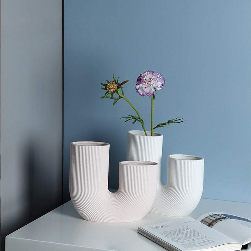 Modern And Simple U-Shaped Geometric Striped Ceramic Vase Ornaments Dry Flower Arranging Device Home Desktop Soft Decoration