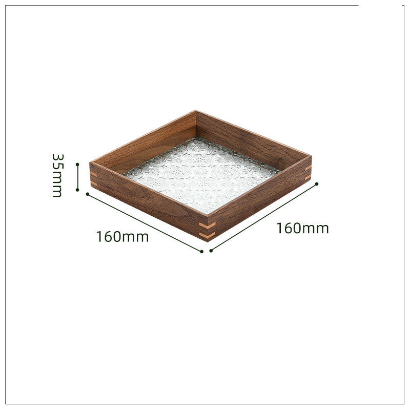 Solid Wood Retro Embossed Begonia Glass Tea Tray Desktop Jewelry Storage Box Creative Home Decoration Fruit Tray