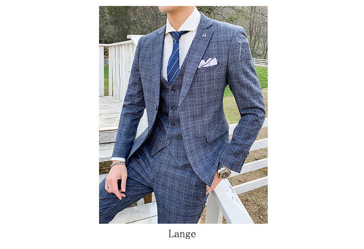 Korean Slim Men's Check Three-piece Customized Wedding Banquet Dress Groom Men's Suit