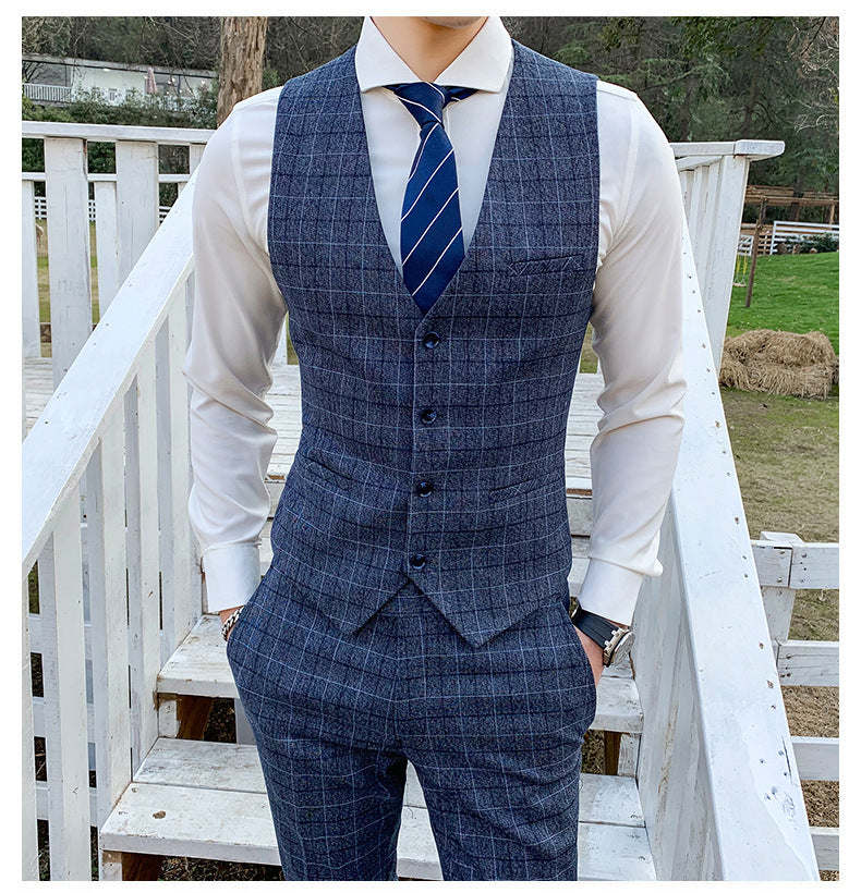 Korean Slim Men's Check Three-piece Customized Wedding Banquet Dress Groom Men's Suit