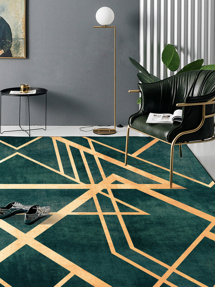 Light Luxury Retro Dark Green Golden Line Doormat Bedroom Living Room Carpet Bedside Kitchen Floor Mat