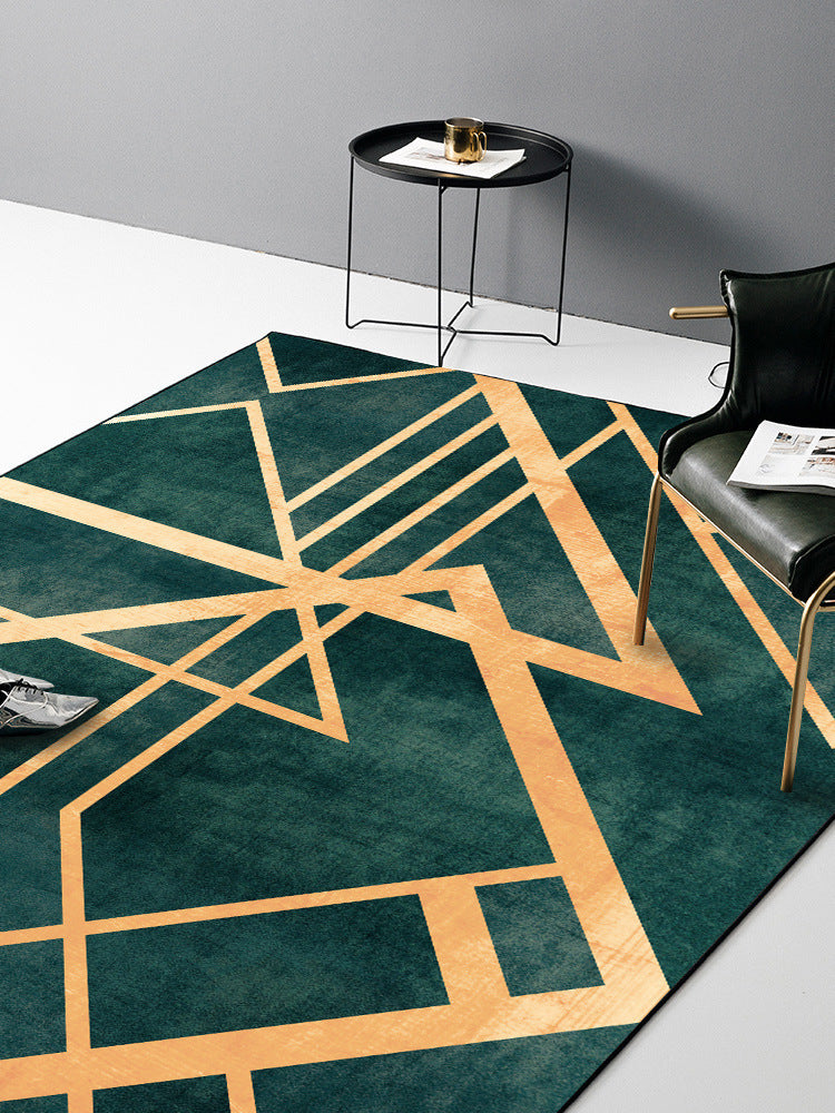 Light Luxury Retro Dark Green Golden Line Doormat Bedroom Living Room Carpet Bedside Kitchen Floor Mat