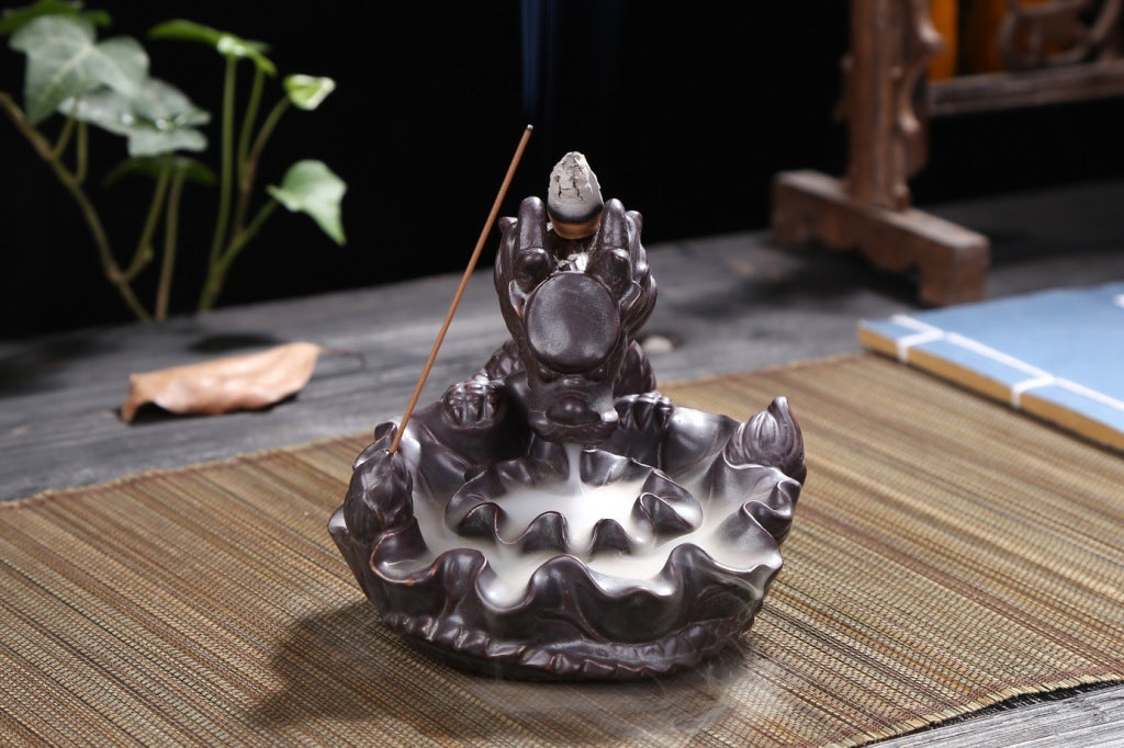 Kuqi Ceramics Creative Home Interior Decoration Xianglong Out Of Water Lotus Leaf Lotus Spit Out The Mist In The Mouth, Incense Sticks, Backflow Censer