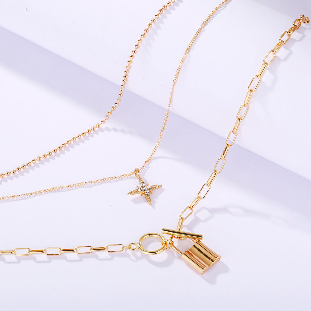 Cross-Border Jewelry New Alloy Clavicle Chain Personality Multi-Layer Eight-Pointed Star Lock Pendant Multi-Layer Necklace Women