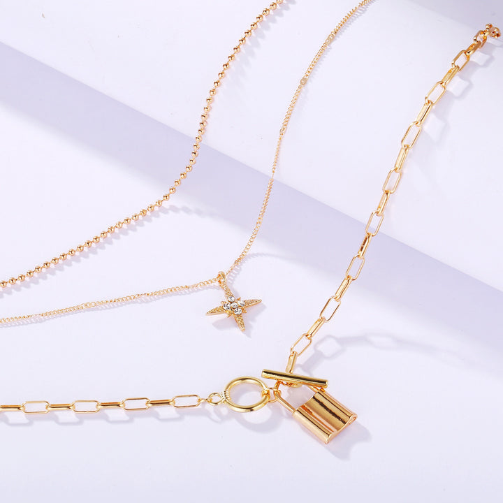 Cross-Border Jewelry New Alloy Clavicle Chain Personality Multi-Layer Eight-Pointed Star Lock Pendant Multi-Layer Necklace Women