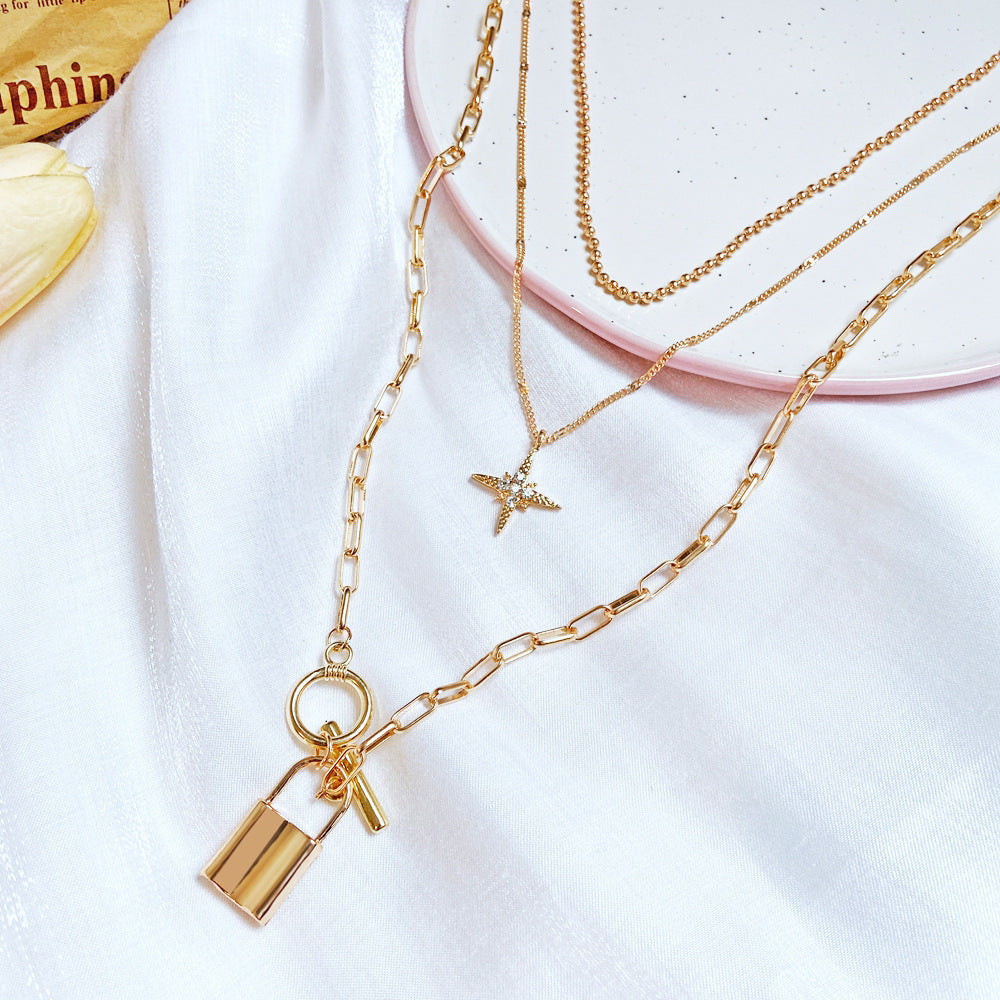 Cross-Border Jewelry New Alloy Clavicle Chain Personality Multi-Layer Eight-Pointed Star Lock Pendant Multi-Layer Necklace Women