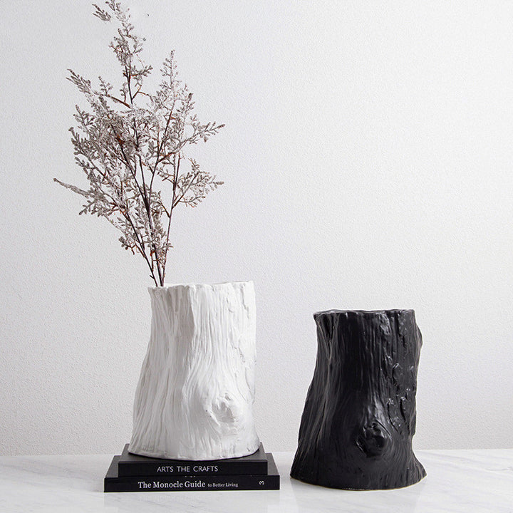 Nordic Simple Black And White Ceramic Creative Stump Vase Fashion Home Villa Model Room Soft Decoration Handicraft Flower