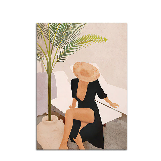 Casual Fashion Woman And Black Cat Decorative Painting Retro Home Decoration Canvas Painting Frameless Painting Core