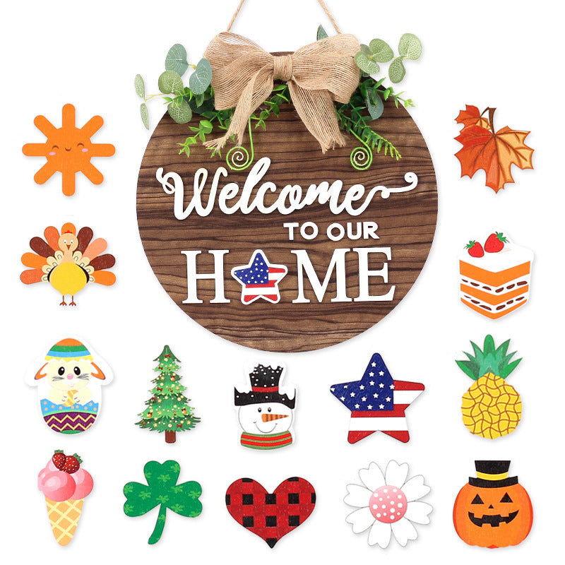 Interchangeable Wooden Door Hanger Ornaments With 14pcs Magnetic Stickers Seasonal Home Sign Welcome Home Decoration