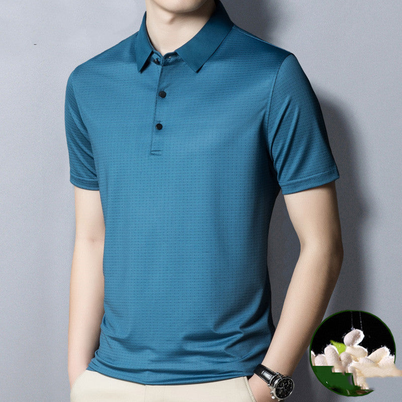 Woodpecker Silk Short-sleeved T-shirt Men Silk 40 Years Old 50 Dad Packed Middle-aged Mens Ice Silk Striped Loose