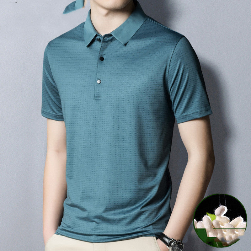 Woodpecker Silk Short-sleeved T-shirt Men Silk 40 Years Old 50 Dad Packed Middle-aged Mens Ice Silk Striped Loose
