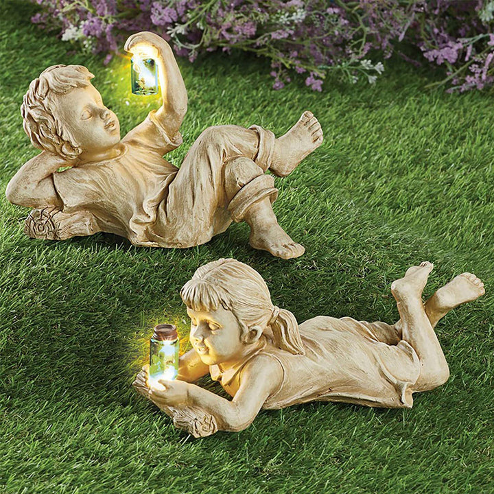 Home Decor Resin Craft With Firefly Jar Garden Statue Children Desktop Accessories Boy Girl Cute Gift Outdoor Solar Lighted Art