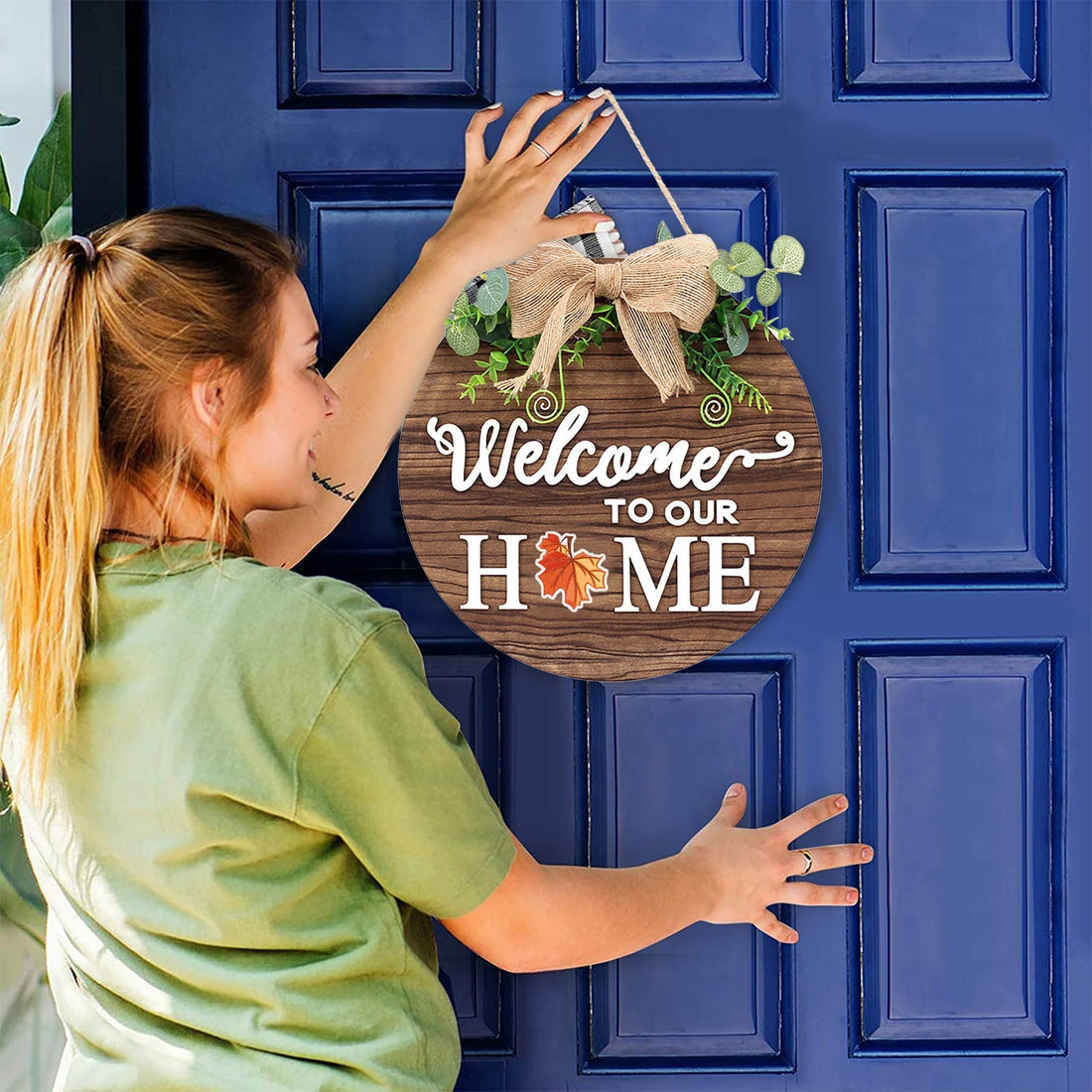 Interchangeable Wooden Door Hanger Ornaments With 14pcs Magnetic Stickers Seasonal Home Sign Welcome Home Decoration