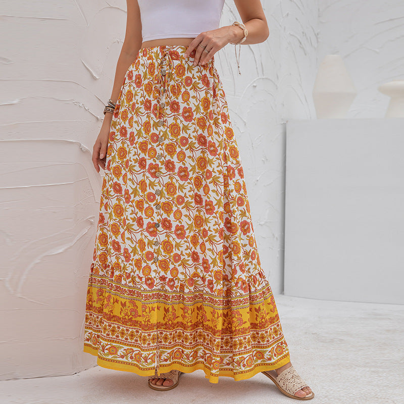 Women's New Product High Waist Printed Buttoned Split Skirt