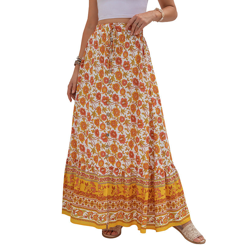 Women's New Product High Waist Printed Buttoned Split Skirt