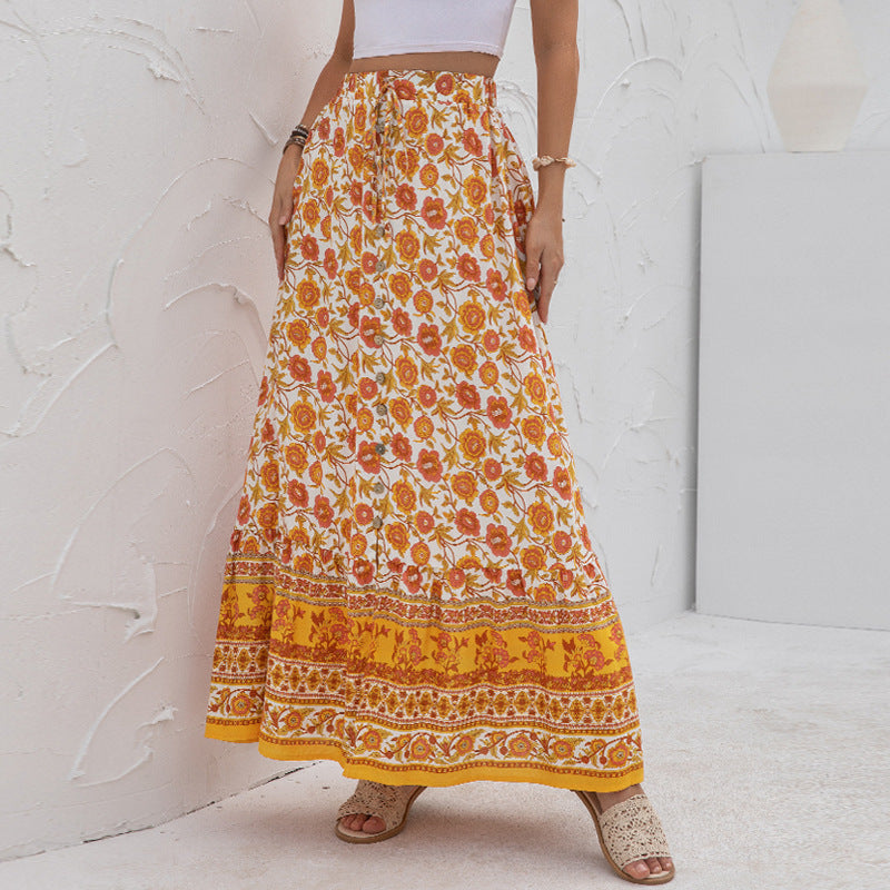 Women's New Product High Waist Printed Buttoned Split Skirt