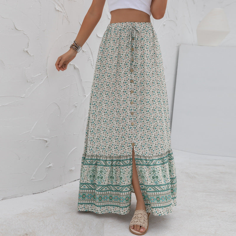 Women's New Product High Waist Printed Buttoned Split Skirt