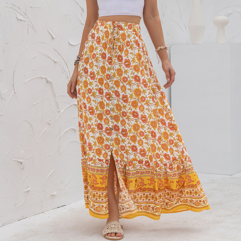 Women's New Product High Waist Printed Buttoned Split Skirt