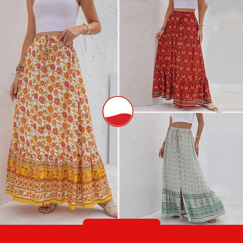 Women's New Product High Waist Printed Buttoned Split Skirt