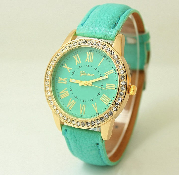 Women's Leather Band Geneva Roman Numerals Rhinestone Quartz Wrist Watch