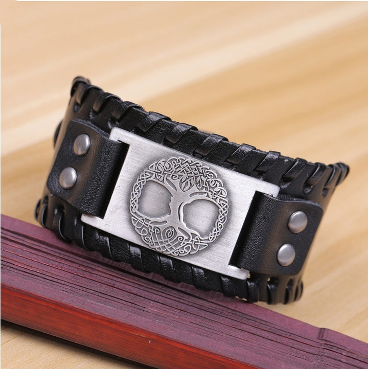 Charm Wide Leather Bracelet Men Punk Braided Rope Alloy Cuff Bangle Male Wristband