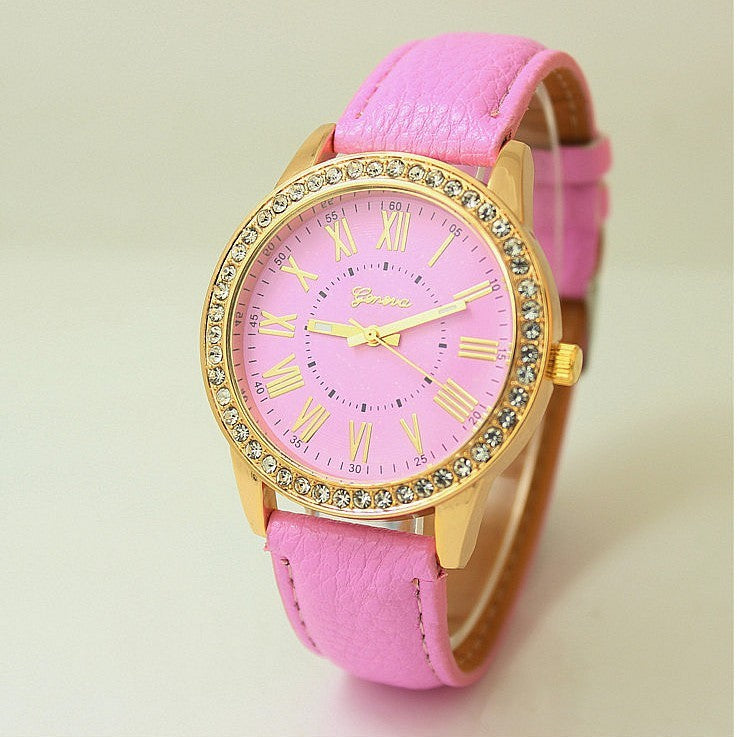 Women's Leather Band Geneva Roman Numerals Rhinestone Quartz Wrist Watch