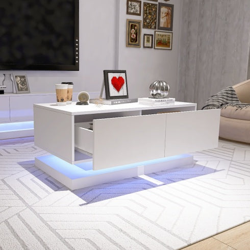 High Glossy Coffee Table With 2 Drawers Have RGB Led Light With Buletooth Control