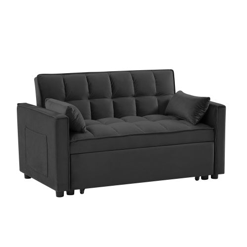 Modern Velvet Loveseat Futon Sofa Couch W  Pullout Bed,Small Love Seat Lounge Sofa W Reclining Backrest,Toss Pillows, Pockets,Furniture For Living Room,3 In 1 Convertible Sleeper Sofa Bed, Black