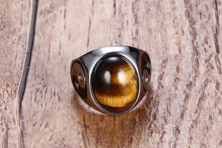 Vintage Men Boy Oval Tiger Eye Brown Stones with Yin Yang Symbol Ring in Stainless Steel Jewelry Mens Accessories Anel Aneis