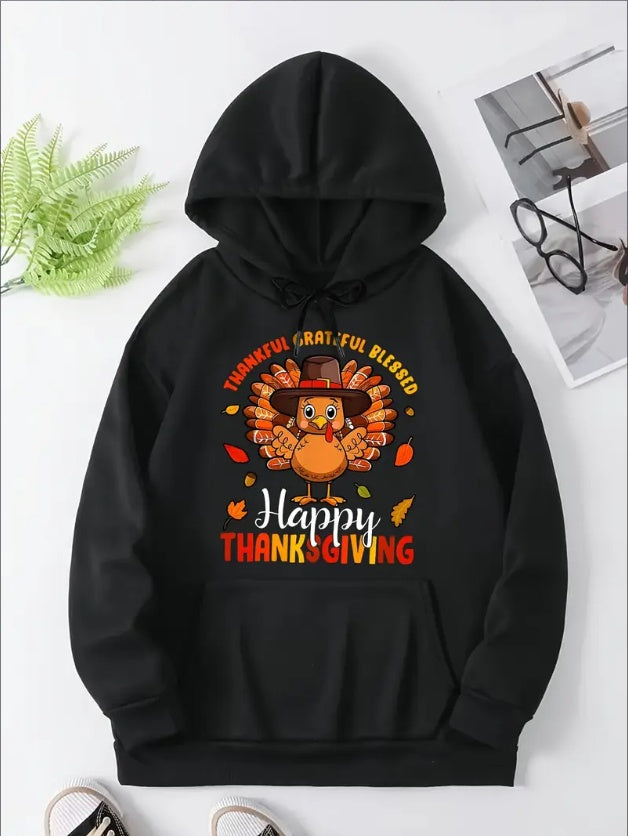 Women'S Thanksgiving Turkey Print Local Warehouse Vibrant Letter Chicken Print Kangaroo Pocket Hoodie, Casual Long Sleeved Drawstring Hoodie, Women'S Clothing, With Positioning Print