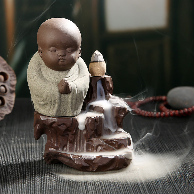 Reverse Flow Incense Burner Creative Purple Sand Little Monk Inserted Incense Line Smoke Furnace Ceramic Path Home Office Tea Pet Decoration