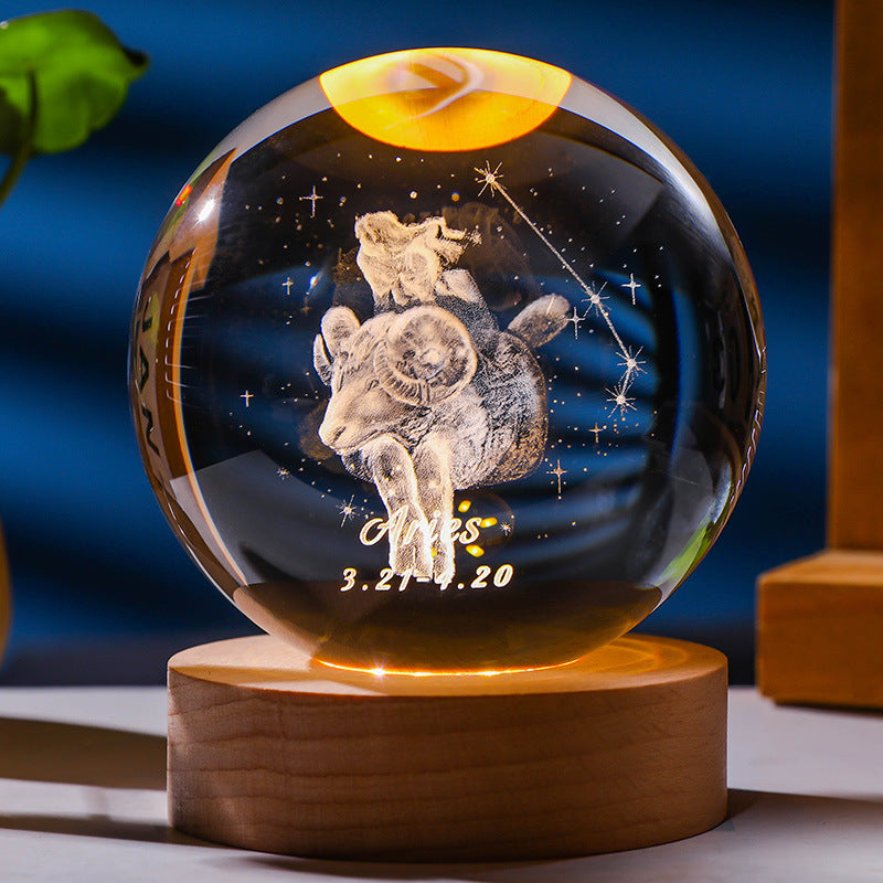 3D Constellation Crystal Ball Night Light Laser Engraved Birthday Gift Glass Sphere Home Desktop Decoration With Wooden USB Base