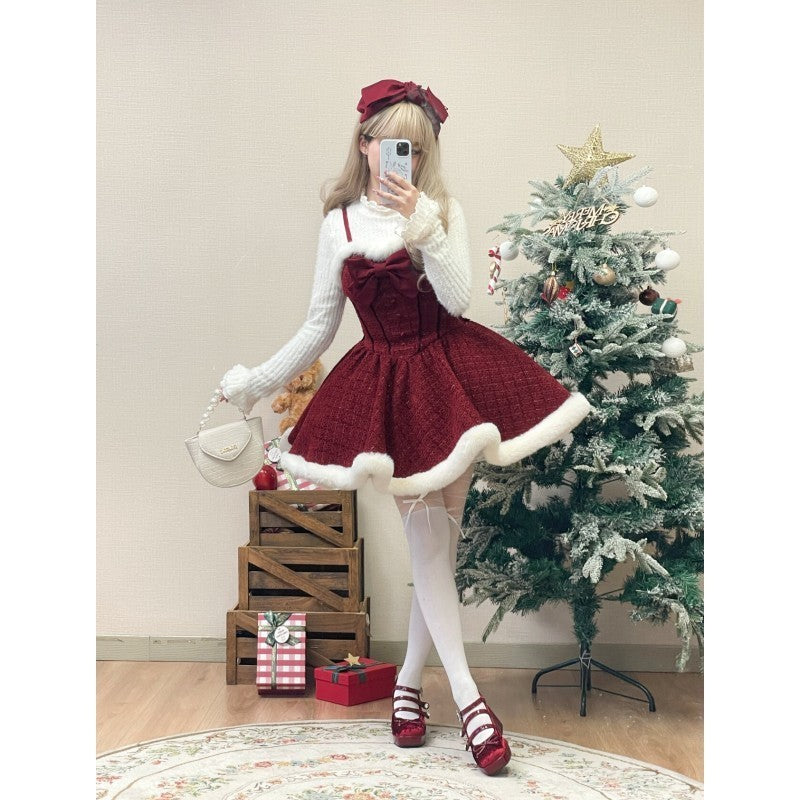 Christmas New Year Red Battle Robe Bow Cape Coat Knitted Top