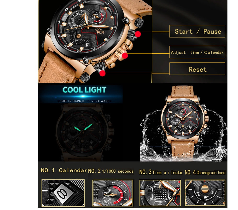 Brown Leather Automatic Quartz Waterproof Watch