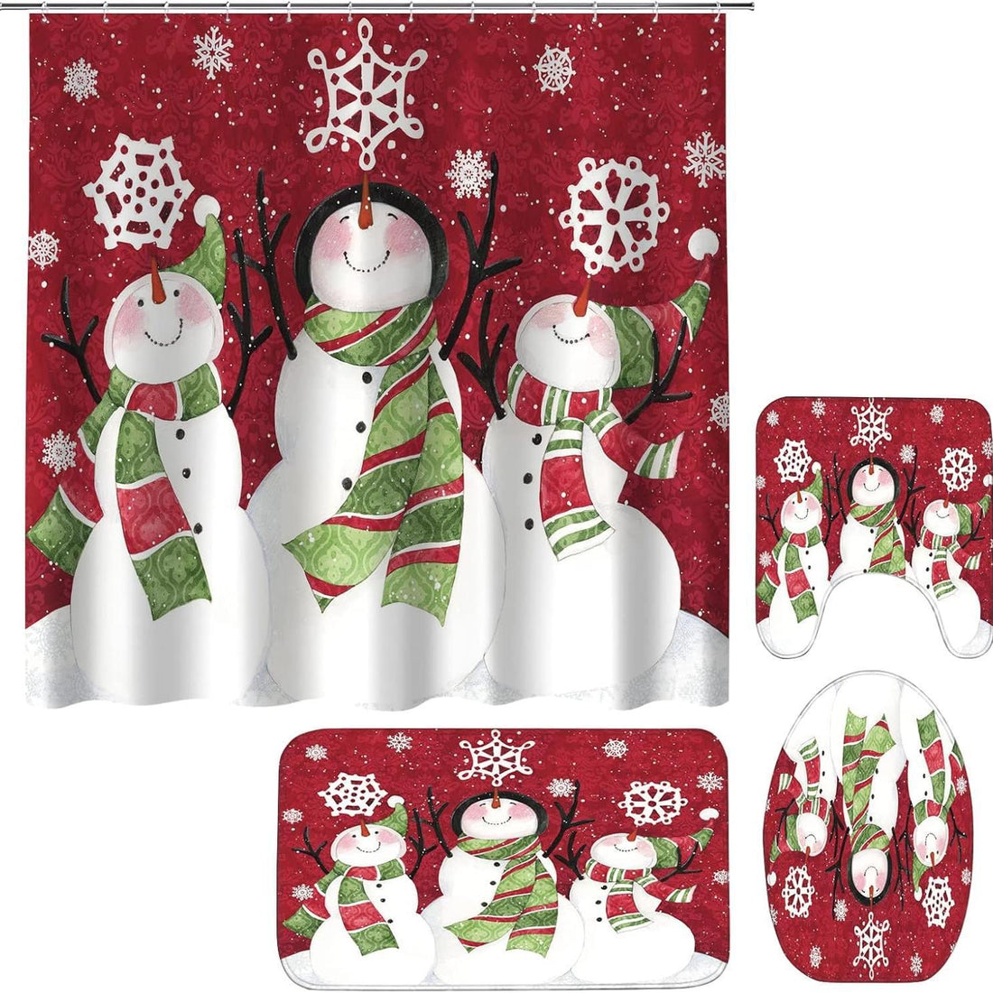 Christmas Shower Curtain Suit With Non-slip Carpet Toilet Lid And Bath Mat Snowman Shower Curtain Snowflake Decorative Cover Punch-free