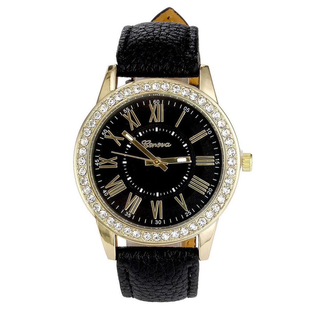 Women's Leather Band Geneva Roman Numerals Rhinestone Quartz Wrist Watch